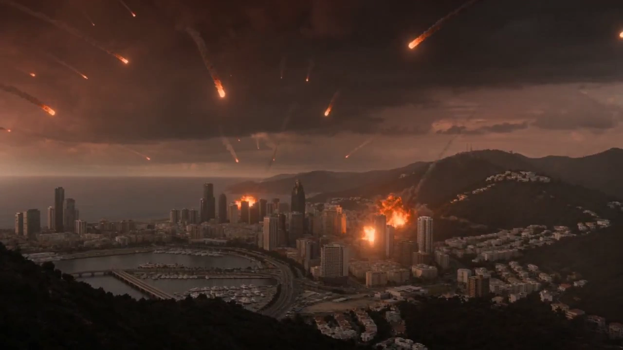 Lone Survivor's Gaze Amidst a Burning Coastal Apocalypse