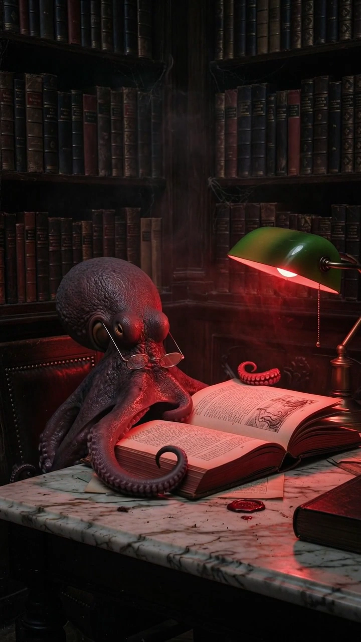 Dark Library Drama: An Octopus Reads Amid Crimson Shadows
