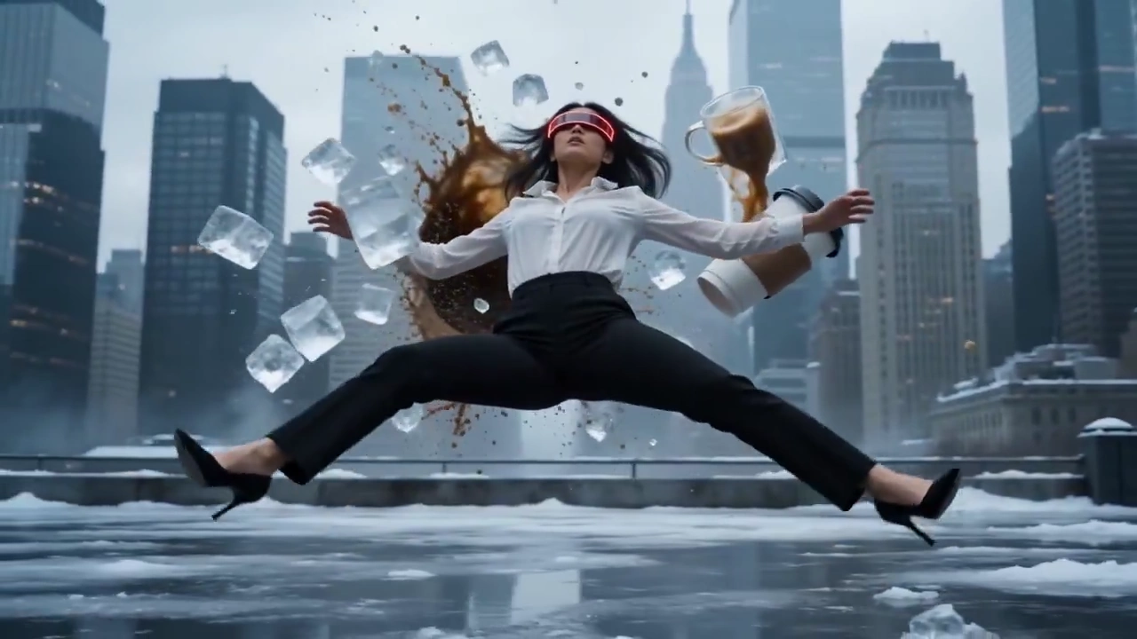 Suspended Chaos: Cinematic Slow-Motion Freeze Over NYC Sidewalk