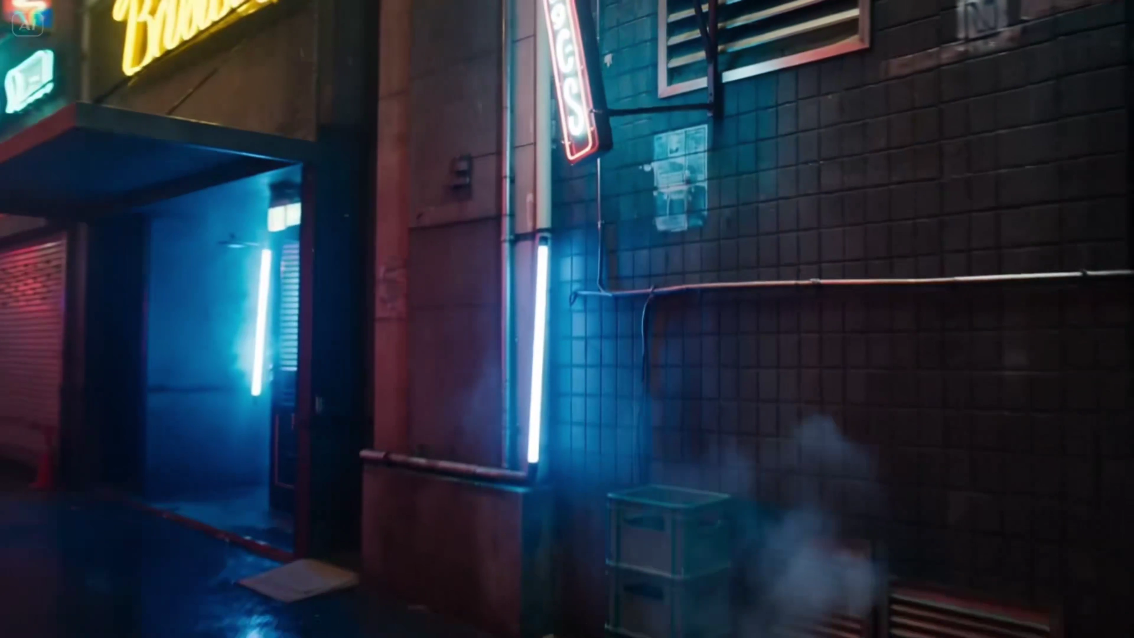 Cinematic Alley Tension: Heroic Leap Halts Time in Neon Night