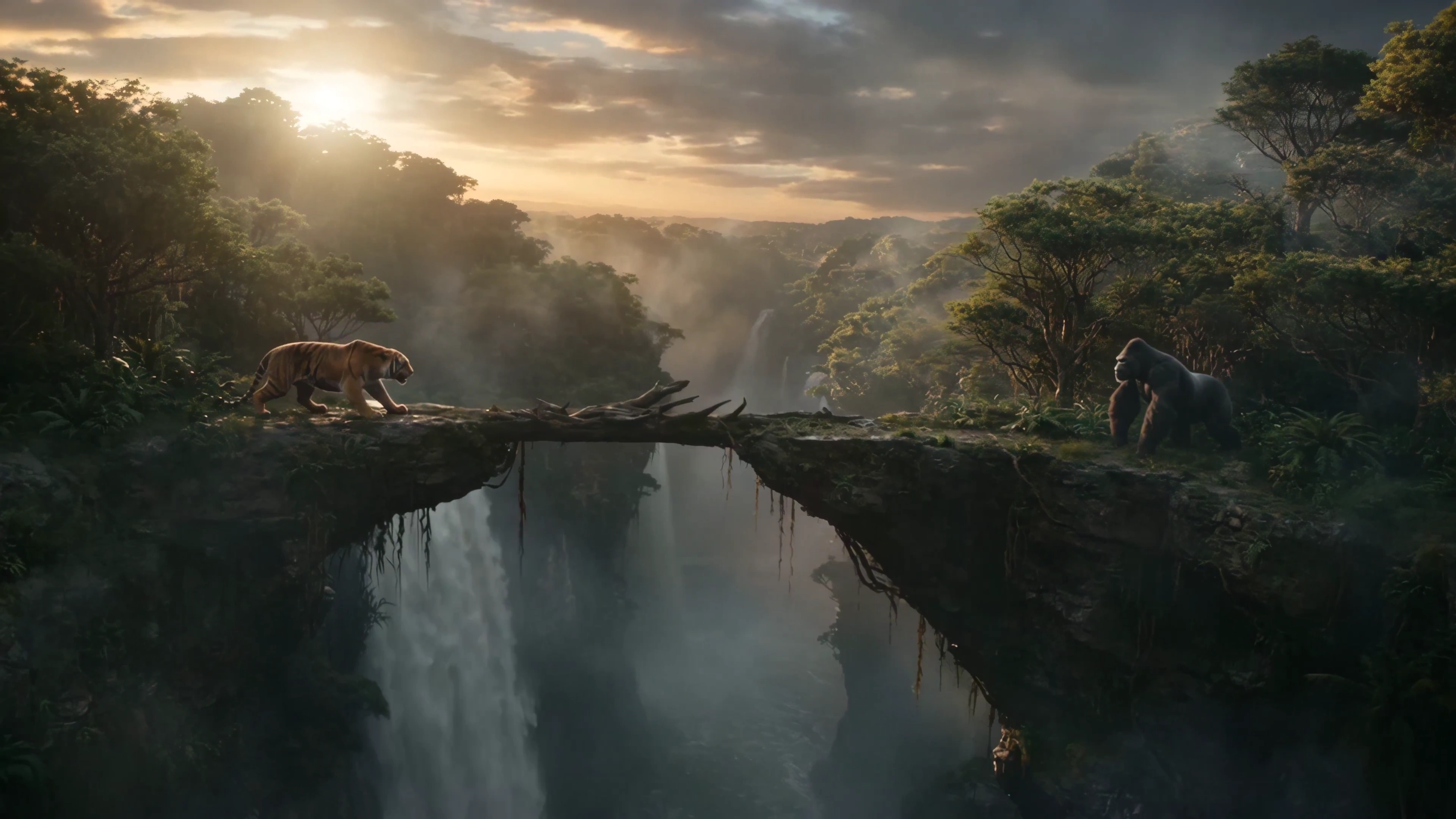 Stormy Jungle Face-Off: Primal Battle Between Tiger and Gorilla