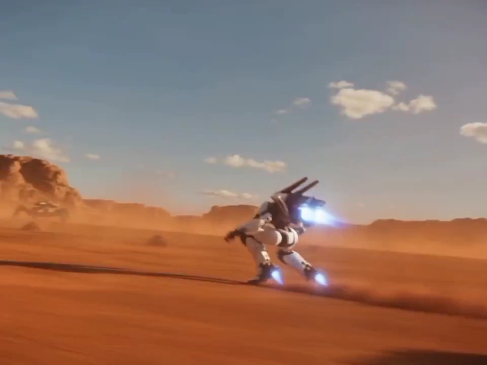 Blue-Thruster Mecha Battles Spider Tank on Red Mars