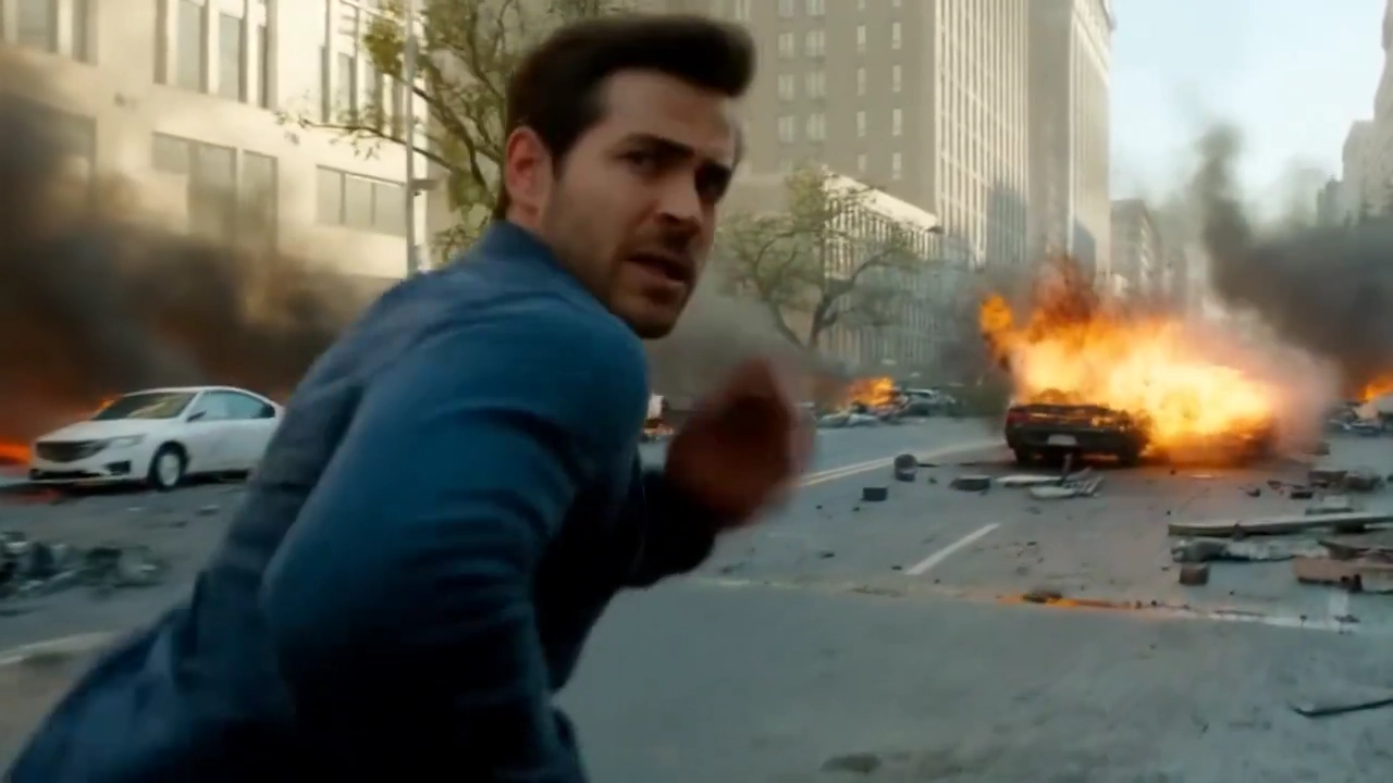 Intense Side-Tracking Shot of Man Dodging Violent Explosion