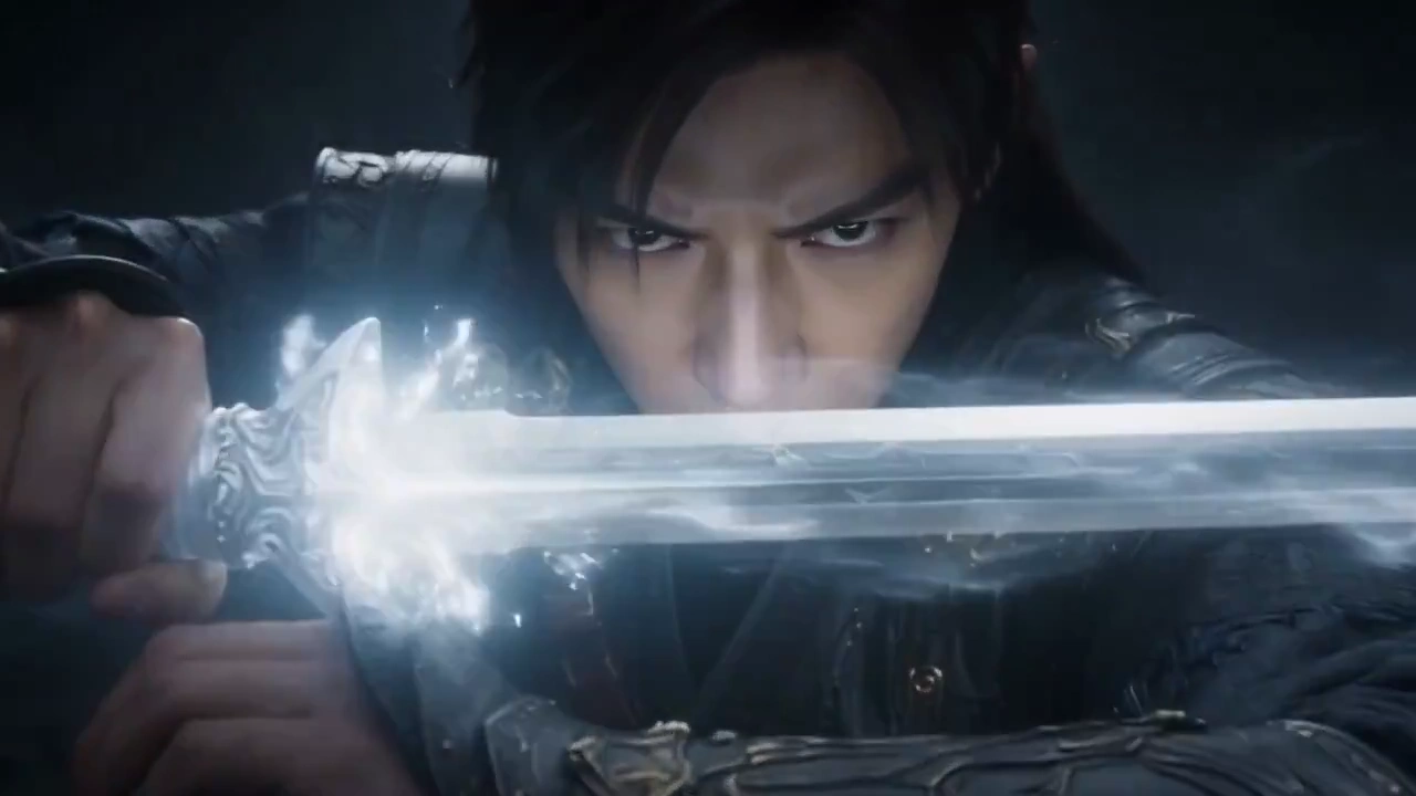 Glowing Blade Opens Portal Amidst Shadows and Energy Burst