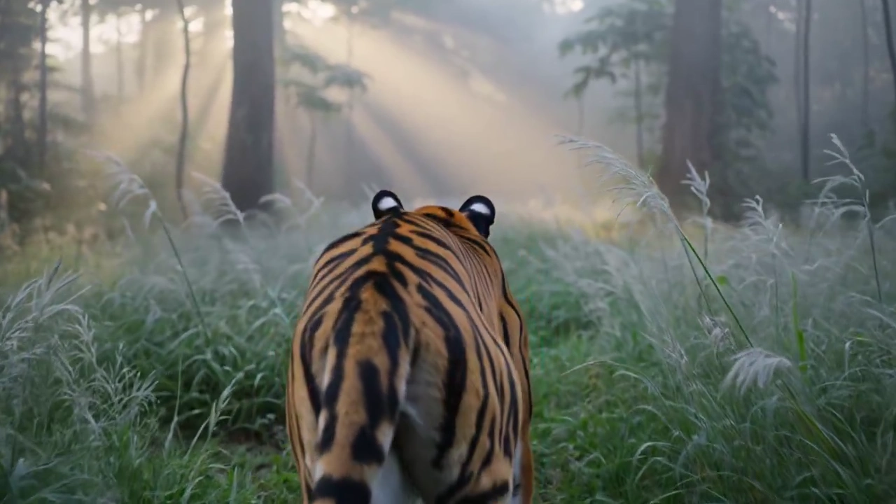Majestic suspense rises as dawn mist cloaks the alert Bengal tiger