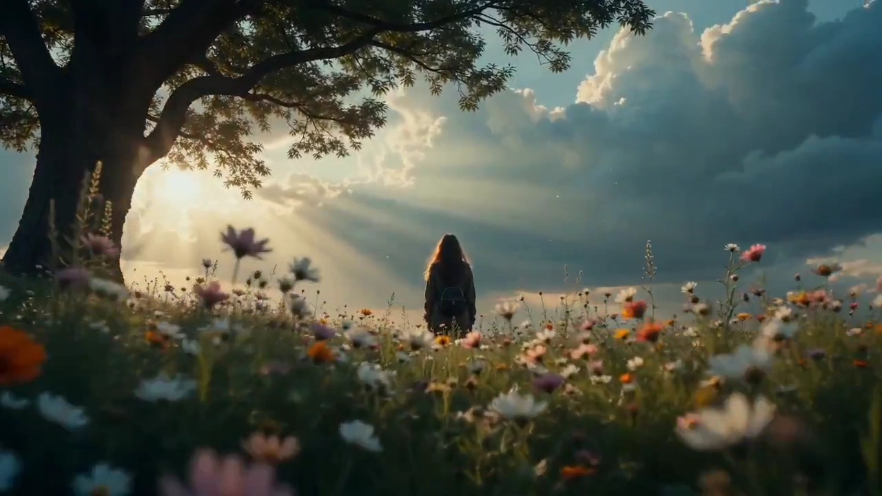 Golden Hour Reflections: Cinematic Depth in a Lush Meadow Scene