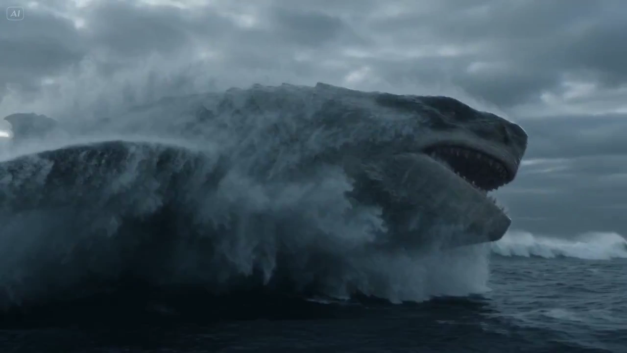 Stormy Coastline Encounter with Giant Sea Monster in Intense Action Scene
