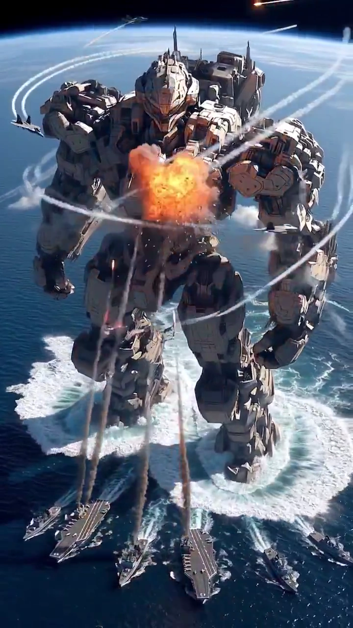 Oceanic Titan Showdown: Futuristic Mecha Battles Jets Amid Explosive Fury