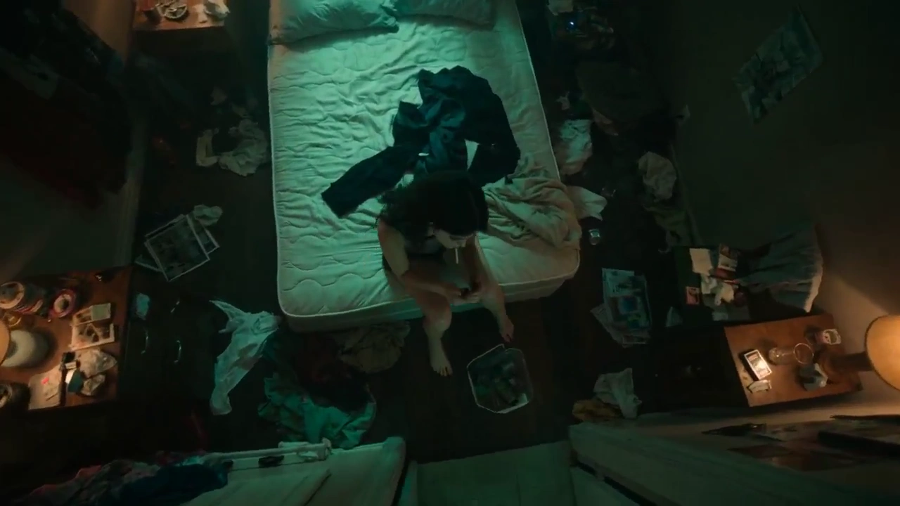 Overhead Silence: Routine in a Neon-Hazed Apartment