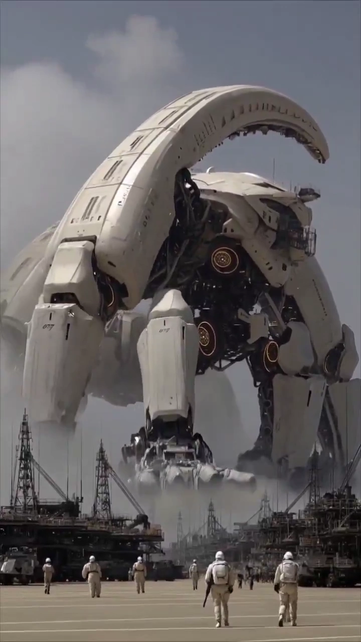 Giant Mecha Landing at Military Port: Cinematic Sci-Fi Vision