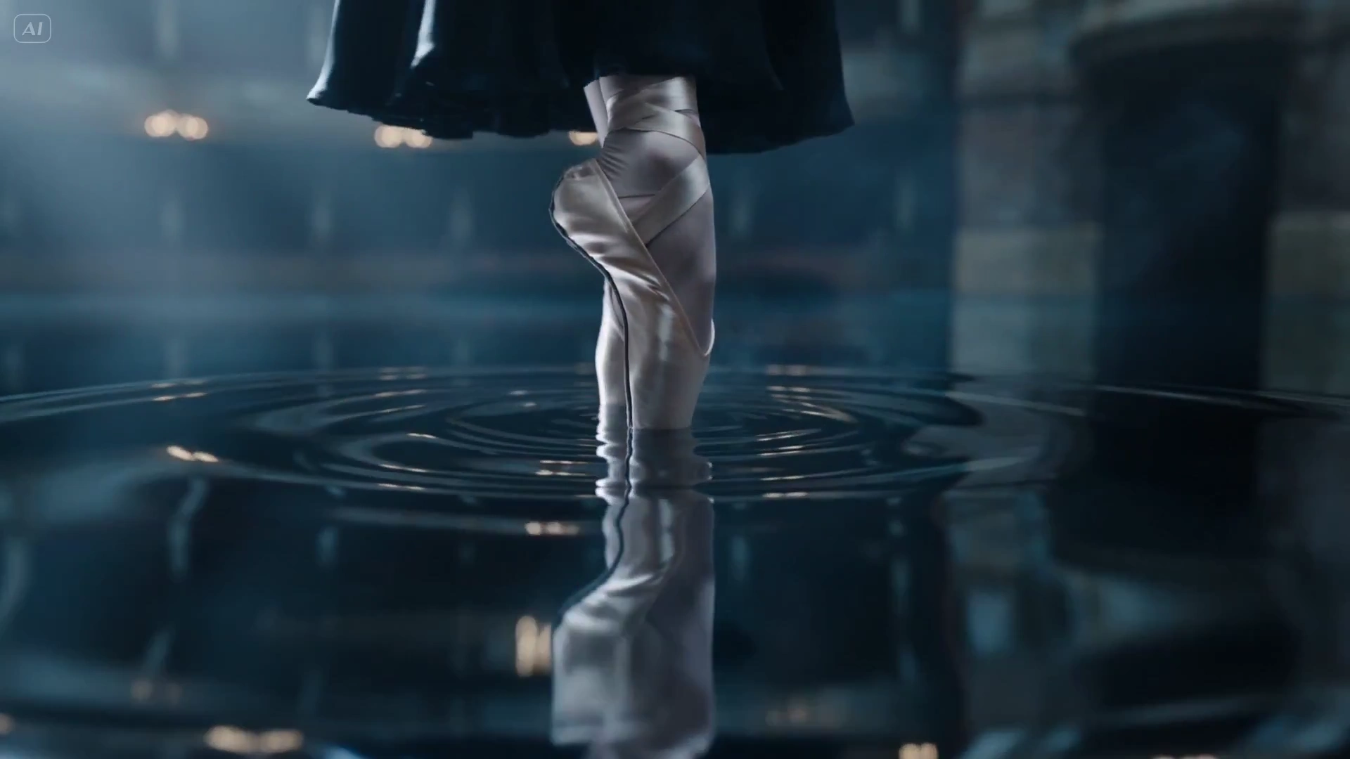 Cinematic Ballet Amid a Flooded, Sunlit Ruin