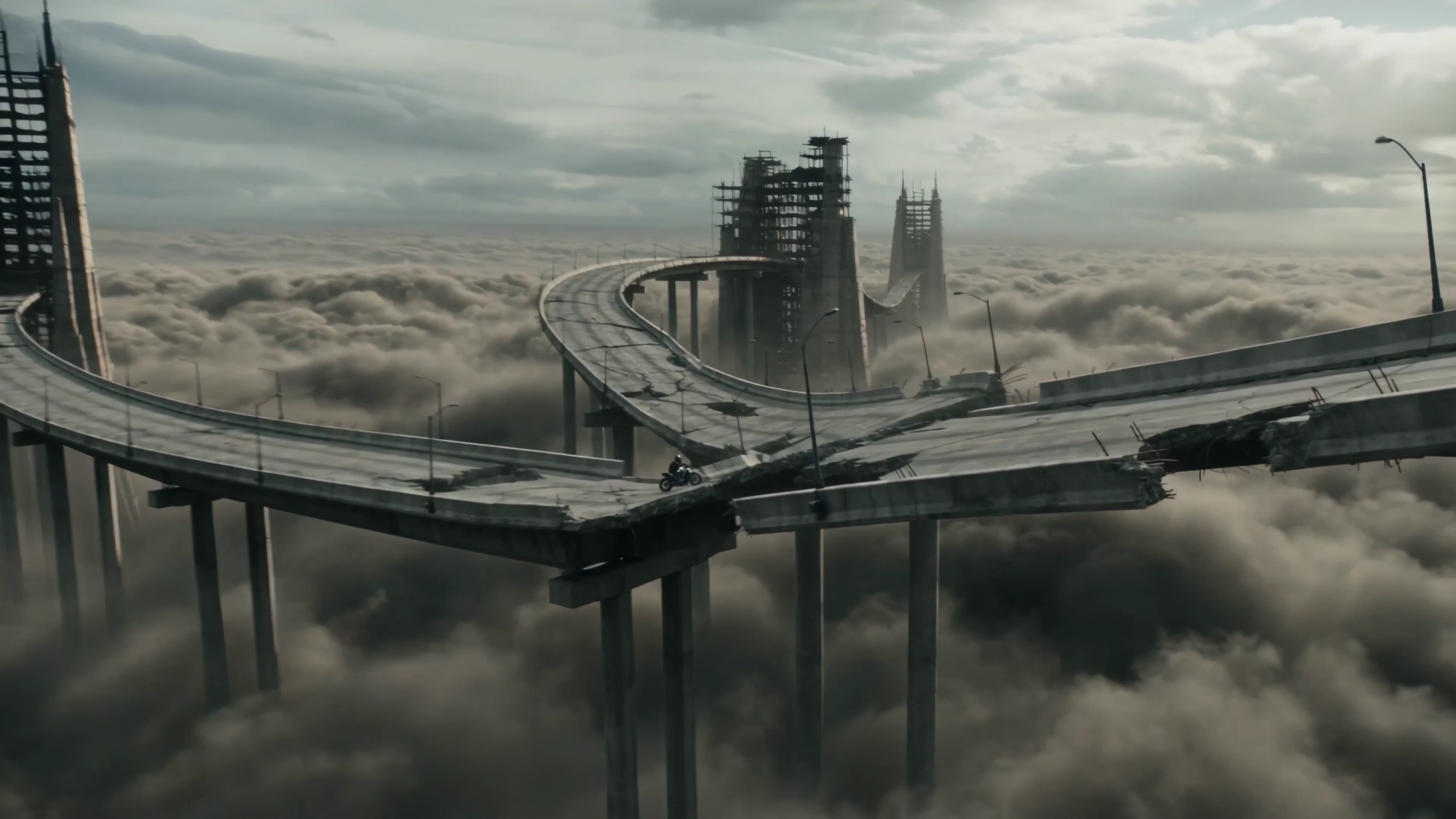 Epic Chase Through the Fractured Sky: Biker vs. Ruins