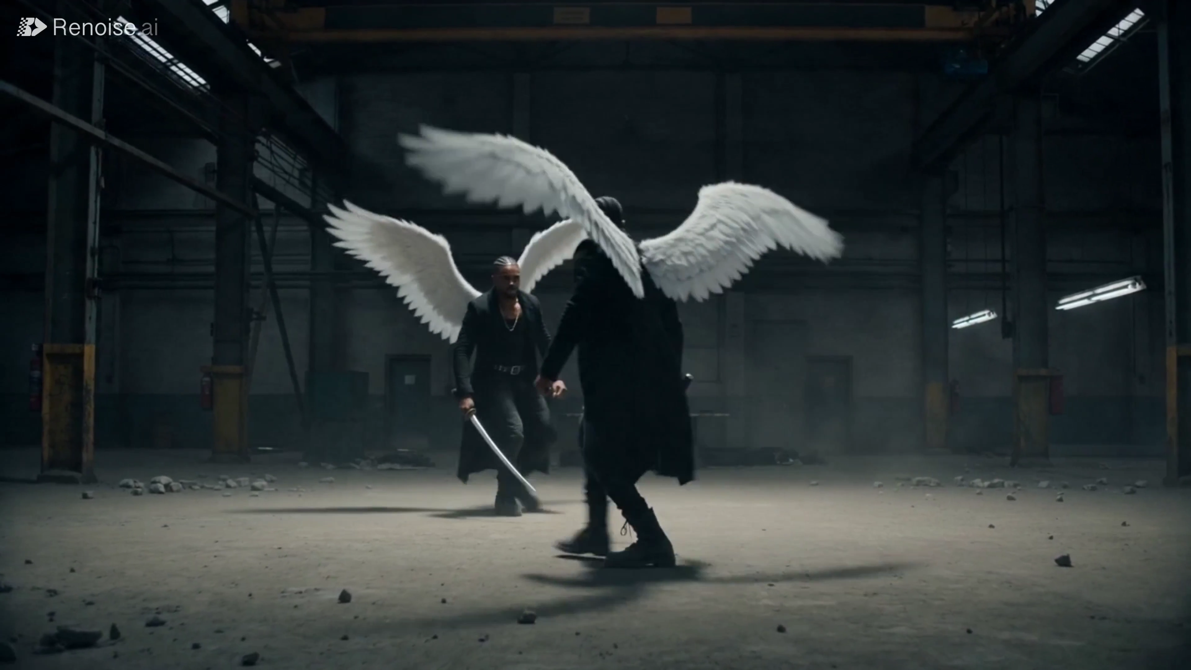 Angelic Warriors Clash in an Abandoned Warehouse with Lightning-Fast Strikes