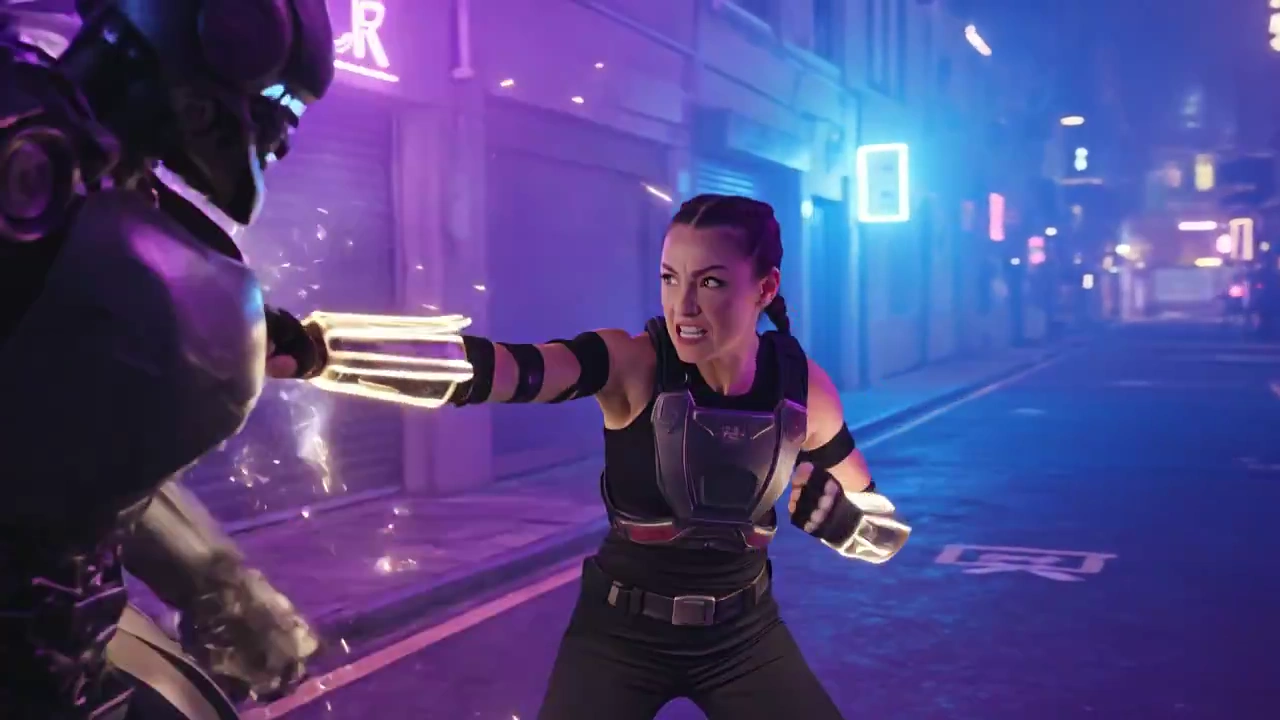 Electric Combat: Female Fighter's Gauntlets Illuminate the Streets