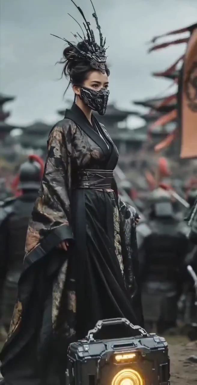 Cinematic Close-Up of Masked Kimono Warrior in Moody Village