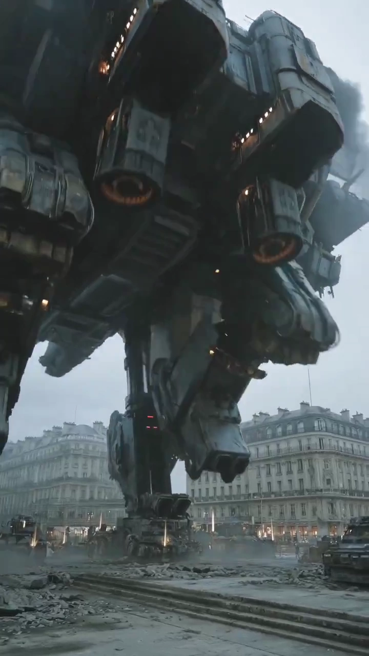 Colossal Mech Unleashes Power Amid Foggy Urban Ruins