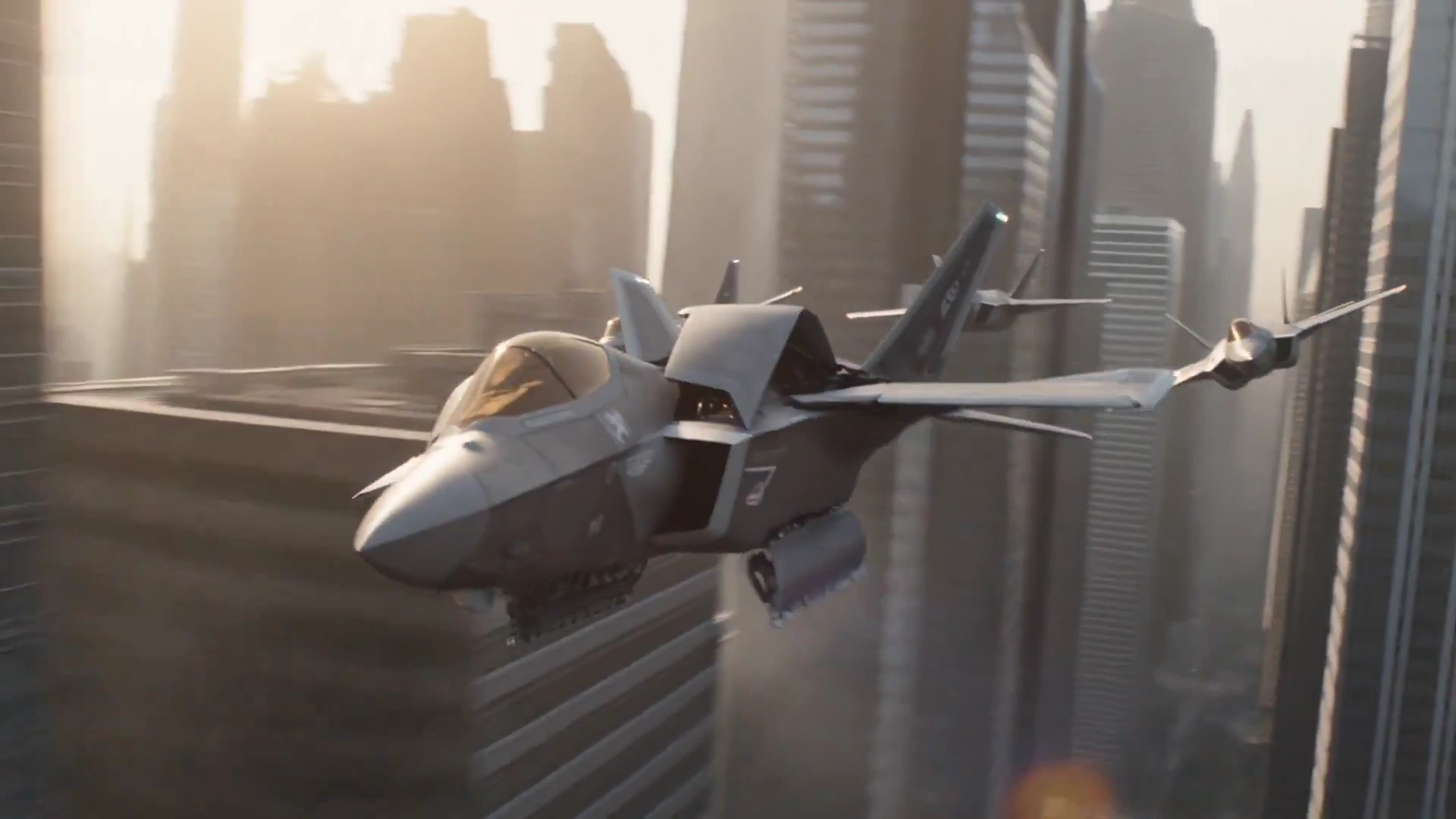 V-Formation Jets Turn Mechs Amid City Skyline