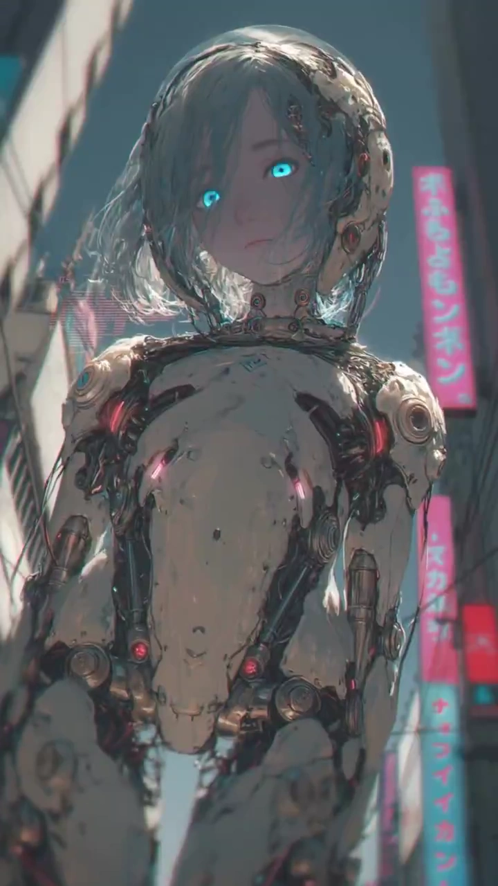 Neon Reflections of a Futuristic Cyborg in Tokyo Streets