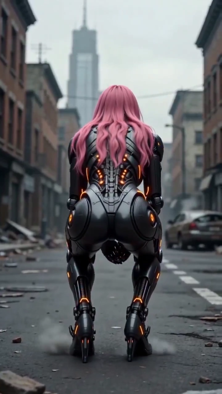 Pink-Haired Cyborg Moves Through Abandoned Streets