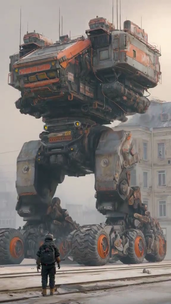 Colossal S-9000 Mech Amid Misty City Ruins