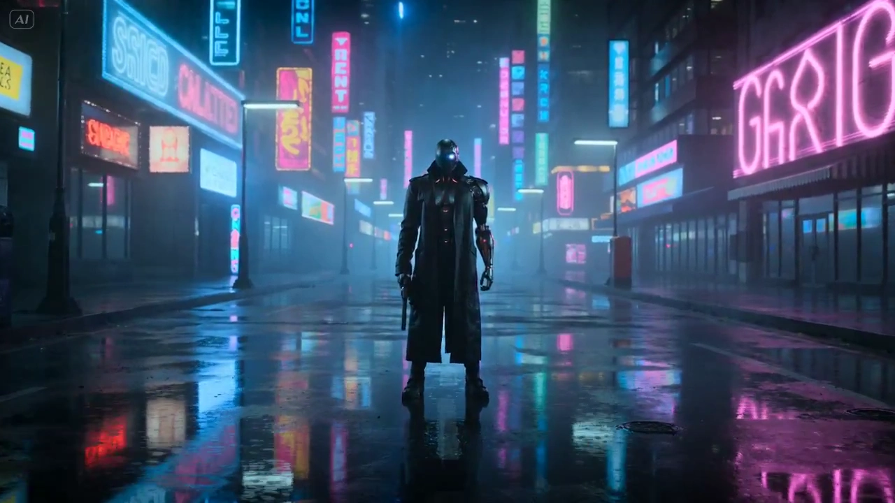 Cybernetic Precision: Gunslinger in a Neon Nightscape