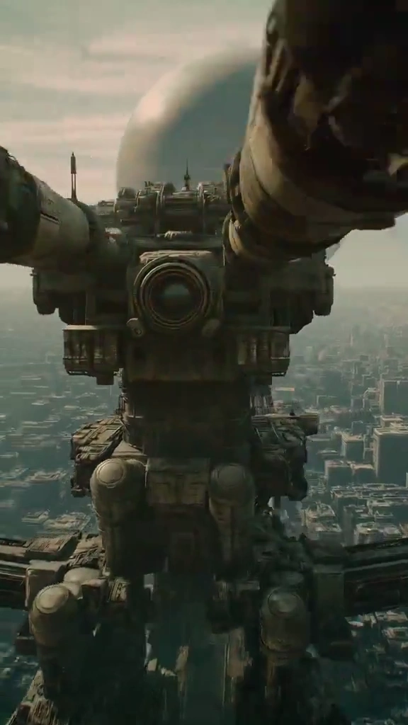 Sunlit Colossus Over Dystopian Cityscape