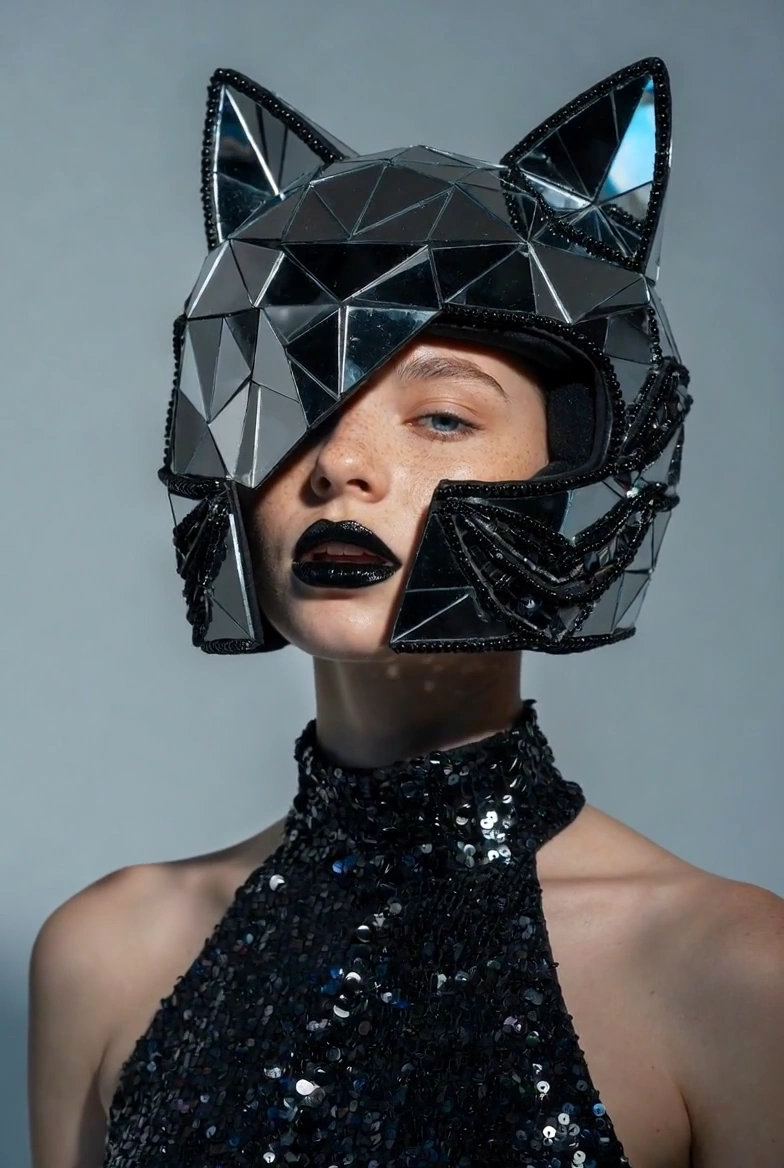 Sharp Geometries and High Fashion: A Woman in a Reflective Cat Helmet
