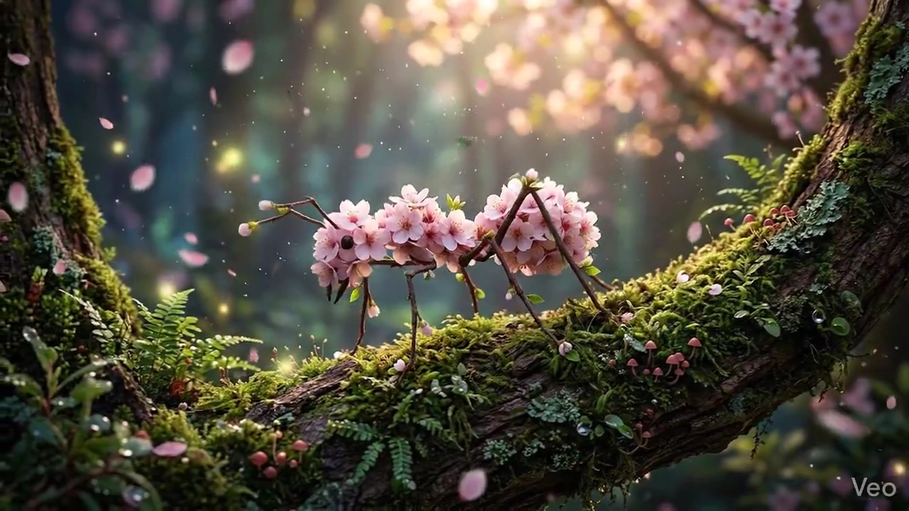 At midnight, a cherry blossom ant walks the mossy branches