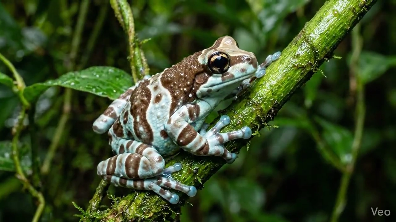 An Amazon milk frog clings to life and limb in a jungle twilight