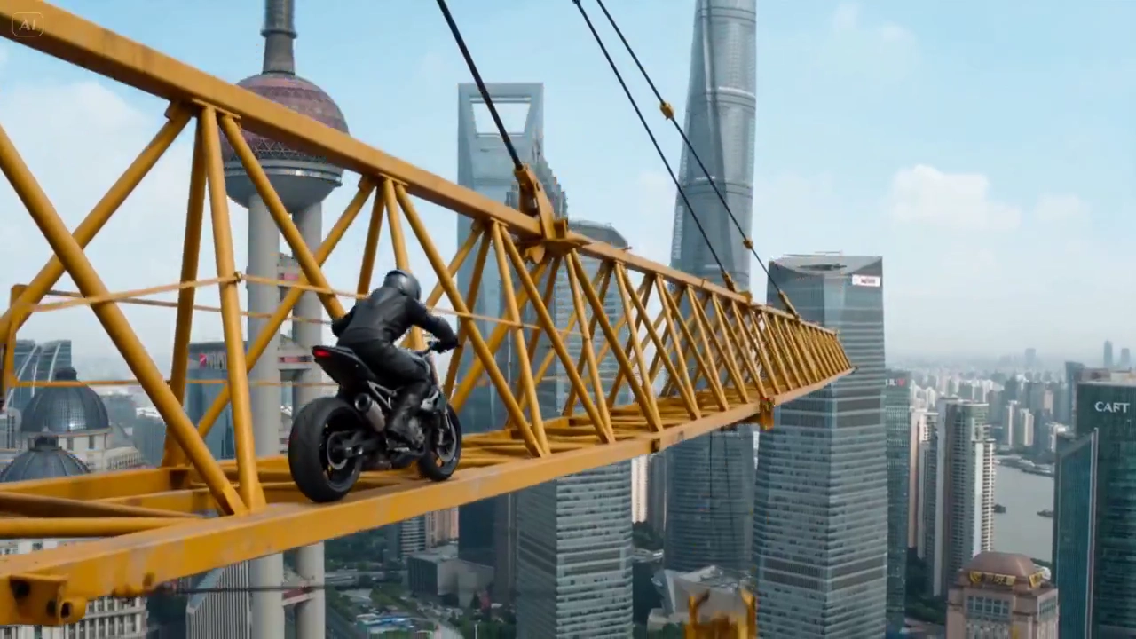 Rooftop Escape: Superbike Soars Over Shanghai Skyline