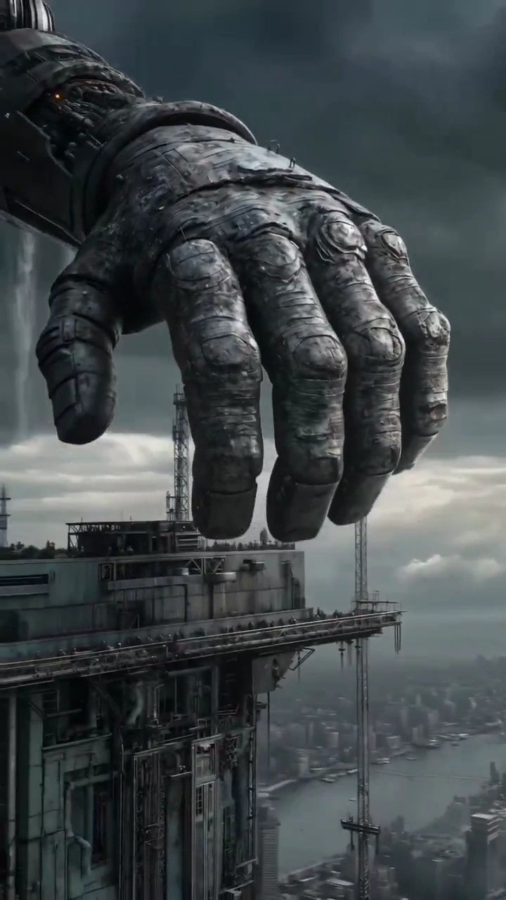 Stormlit Mech Stands Amid Ruins of a Futuristic Metropolis