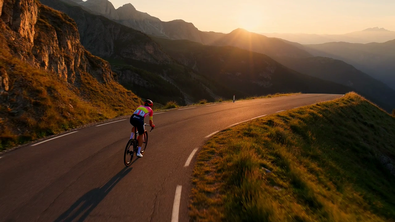 Golden Horizon Ride: Drone Captures Mountain Descent