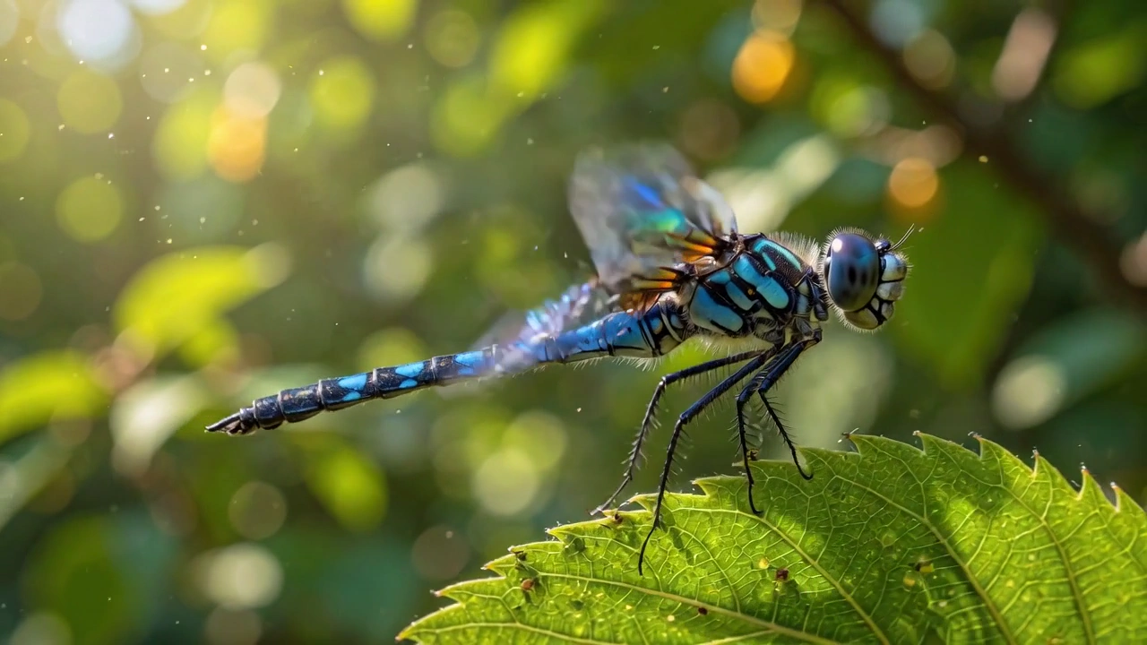 Close-Up of a Dragonfly Amid Sunlit Foliage