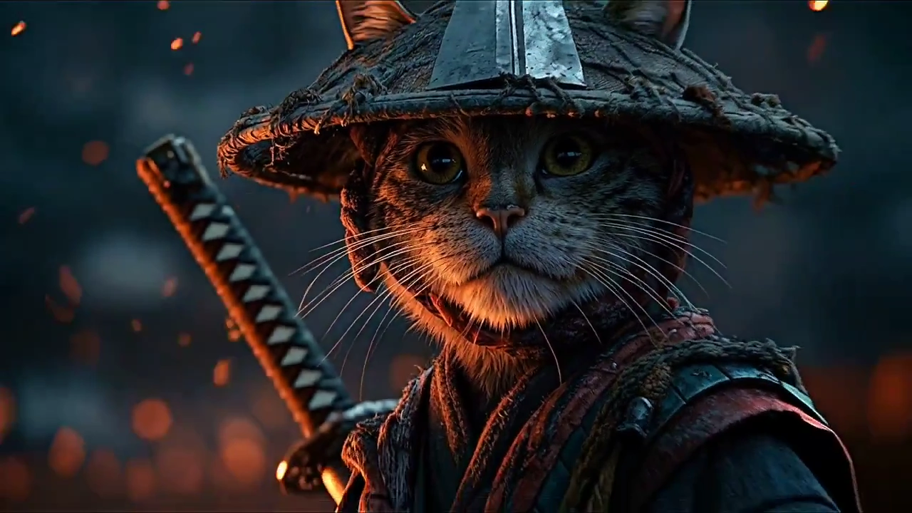 Pure awe fills the air with a cat samurai's fierce gaze