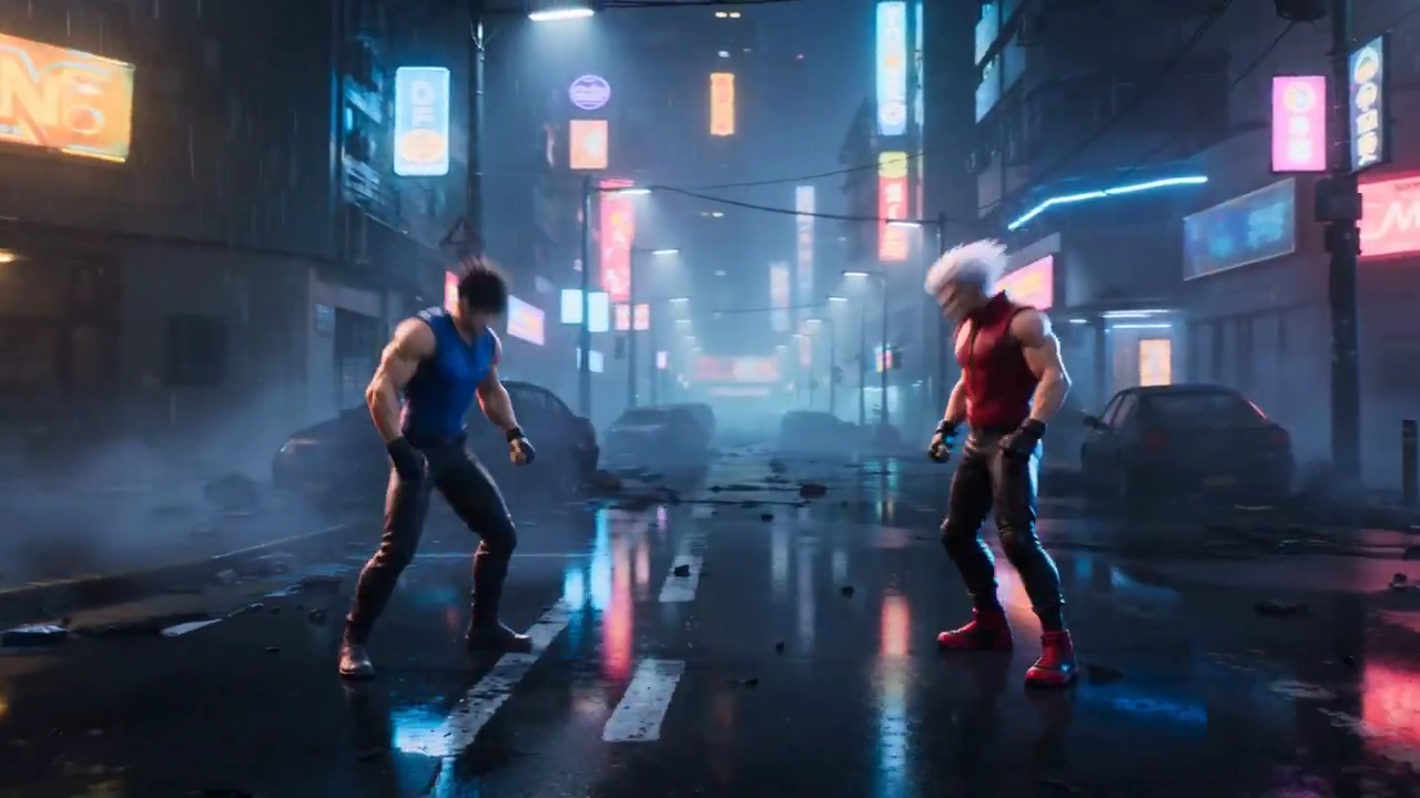 Unyielding Combat: A Cinematic Battle Under Neon Rain