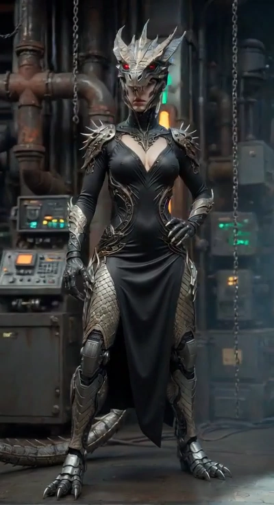 Mechanical Majesty: The Dark Elegance of a Cyberpunk Dragon-Woman