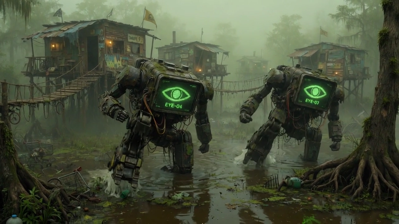 Giant Mechs Roam a Forgotten Swamp Settlement