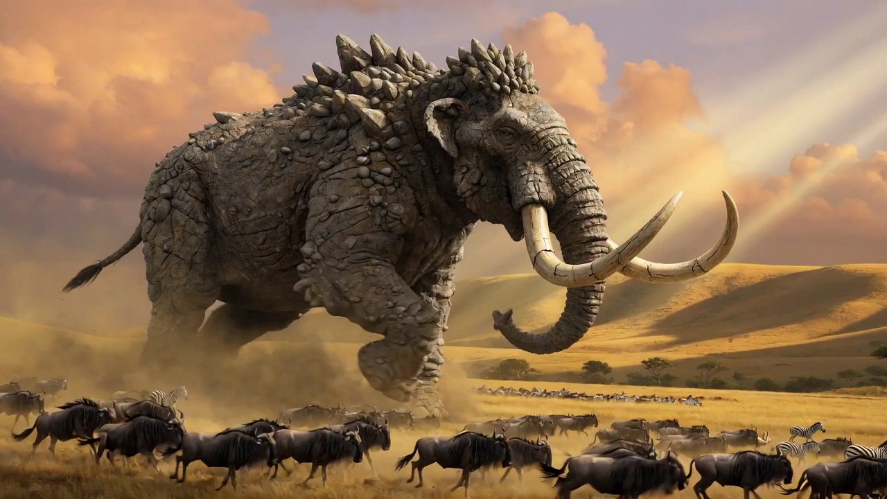 The Majestic Encounter: Mammoth-Hybrid in the Savanna