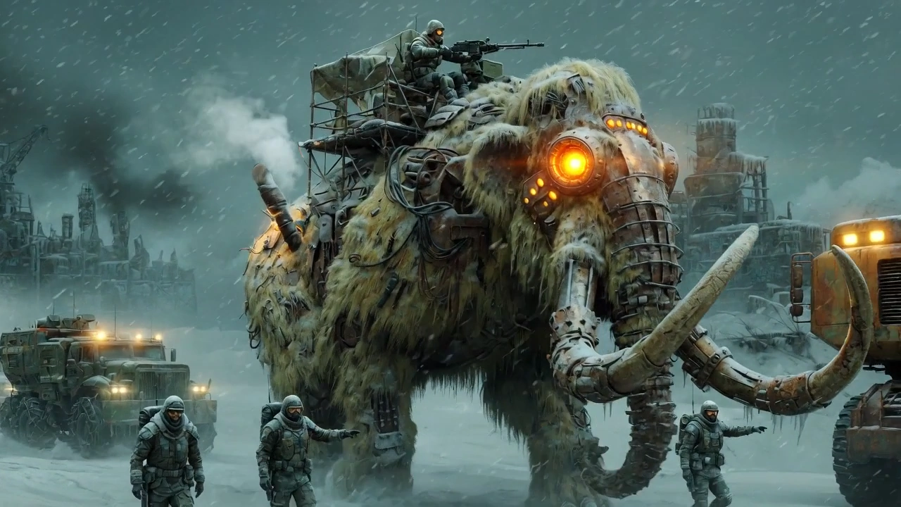 Epic Snowstorm: The Bio-Mechanical Mammoth Unleashed