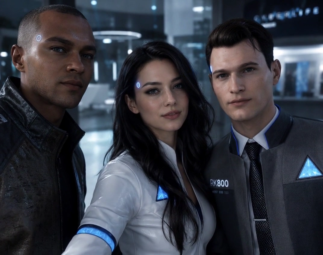 Golden light spills over futuristic androids in an elegant selfie