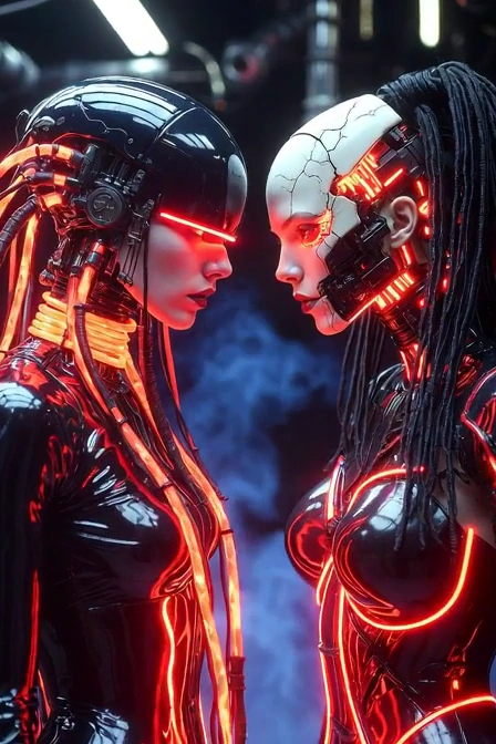 Neon Tension: Futuristic Androids in a Glowing Confrontation