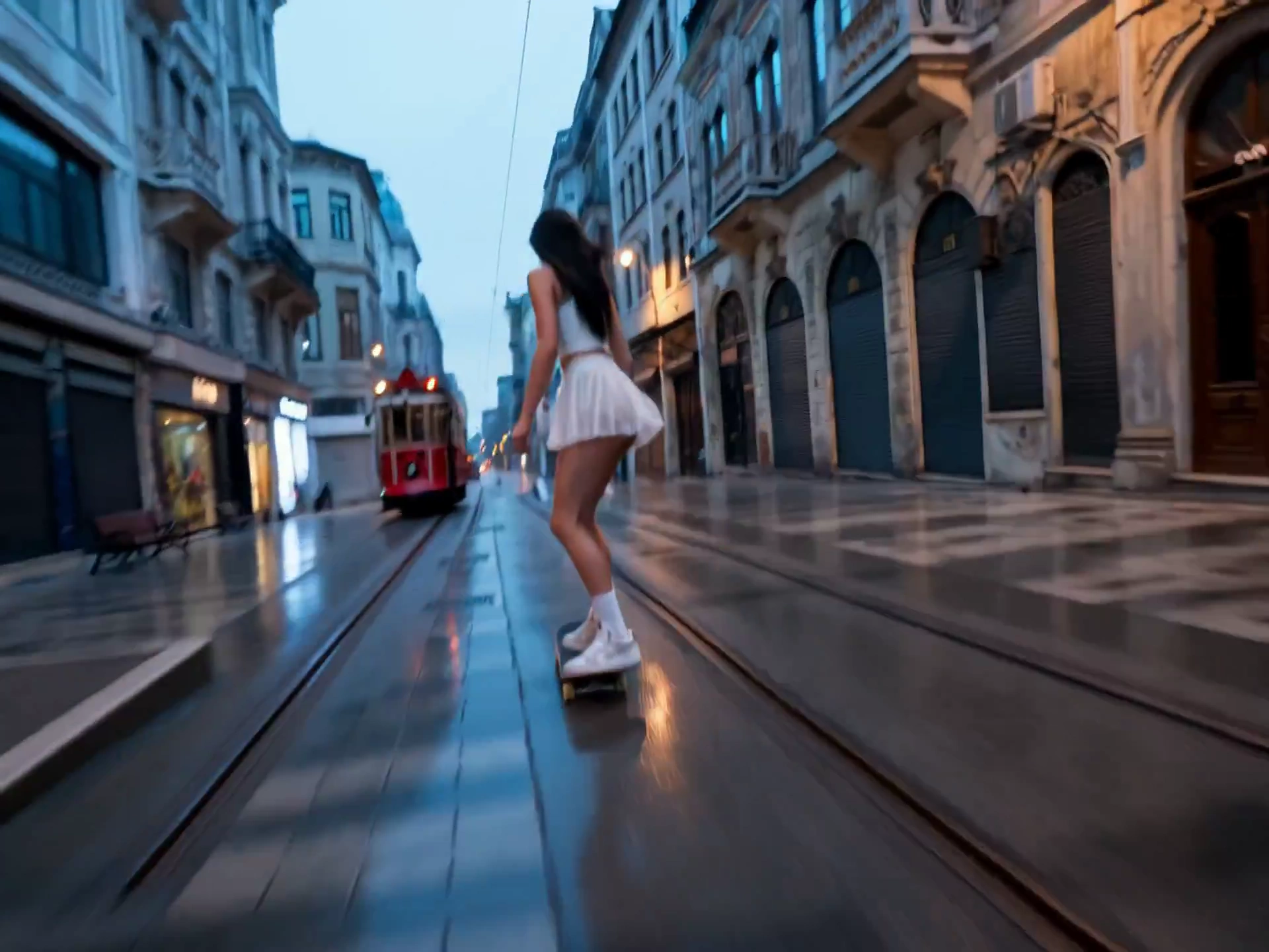 Dawn Skateboard Chase on Istanbul's Silent Tram Rails