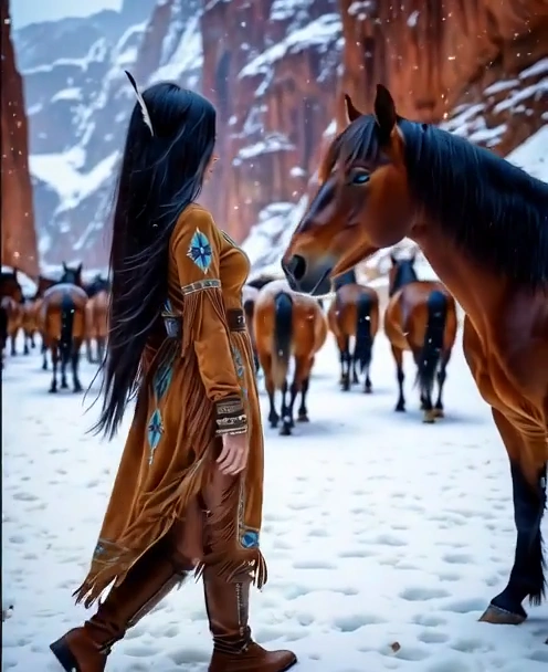Horse and Rider Gallop Through Snowy Canyon with Herd Following
