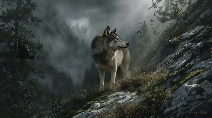 Misty Mountains Frame the Wolf's Careful Descent Through Gnarled Trees