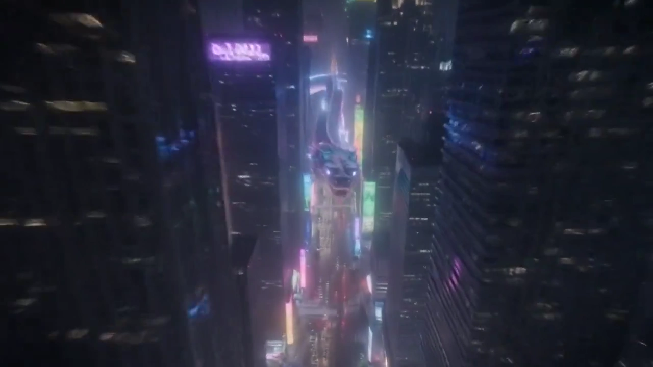 Iridescent Beast Wreaks Havoc Across a Glowing Futuristic City