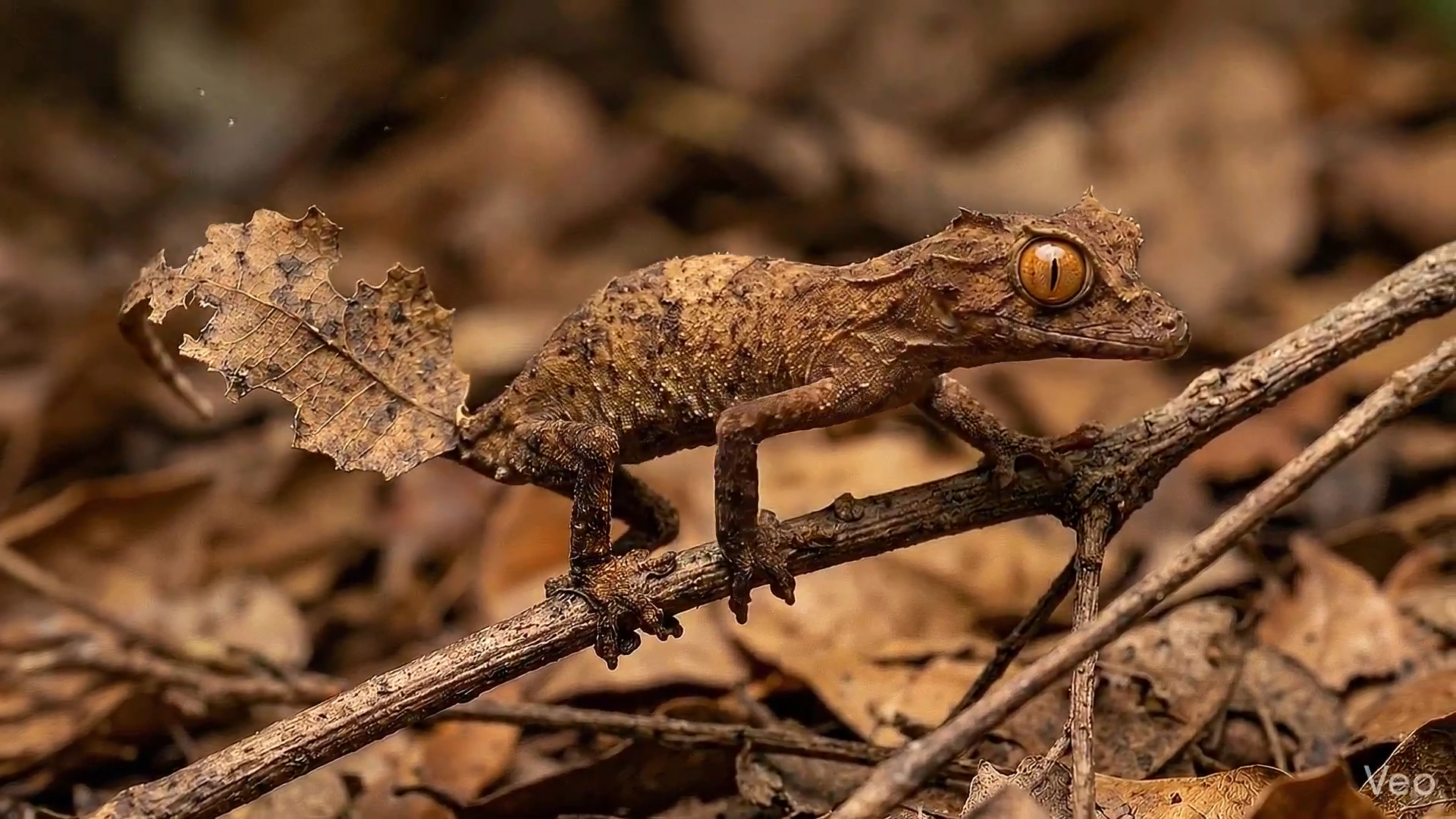 Cautious Gecko Mimics a Decaying Leaf on a Dry Branch