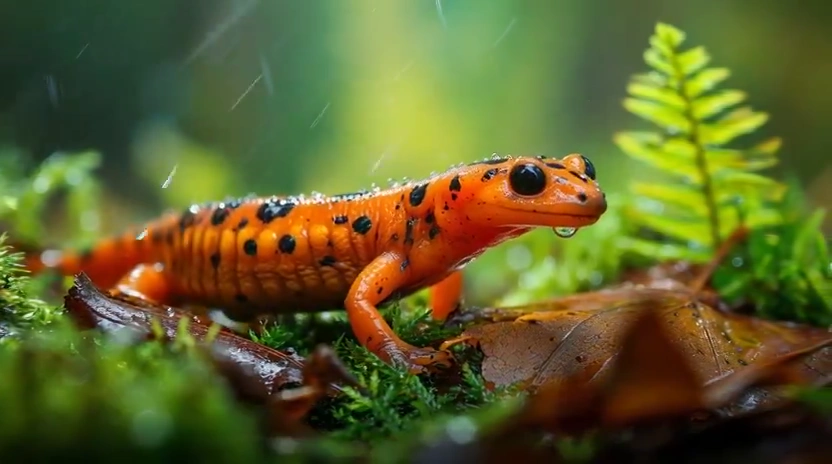 Spotted Amphibian Sways Like a Leaf on a Mossy Forest Floor