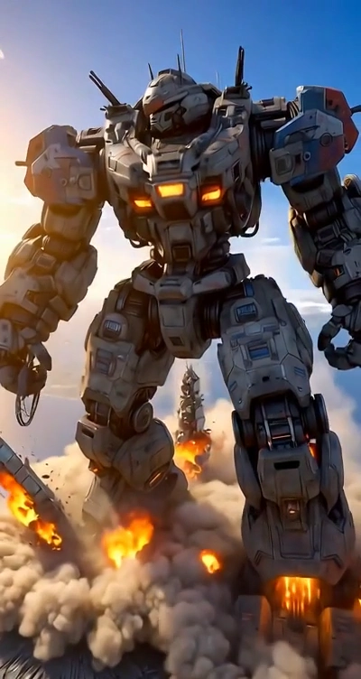 Colossal War Robot Crushes City Streets Under a Setting Sun