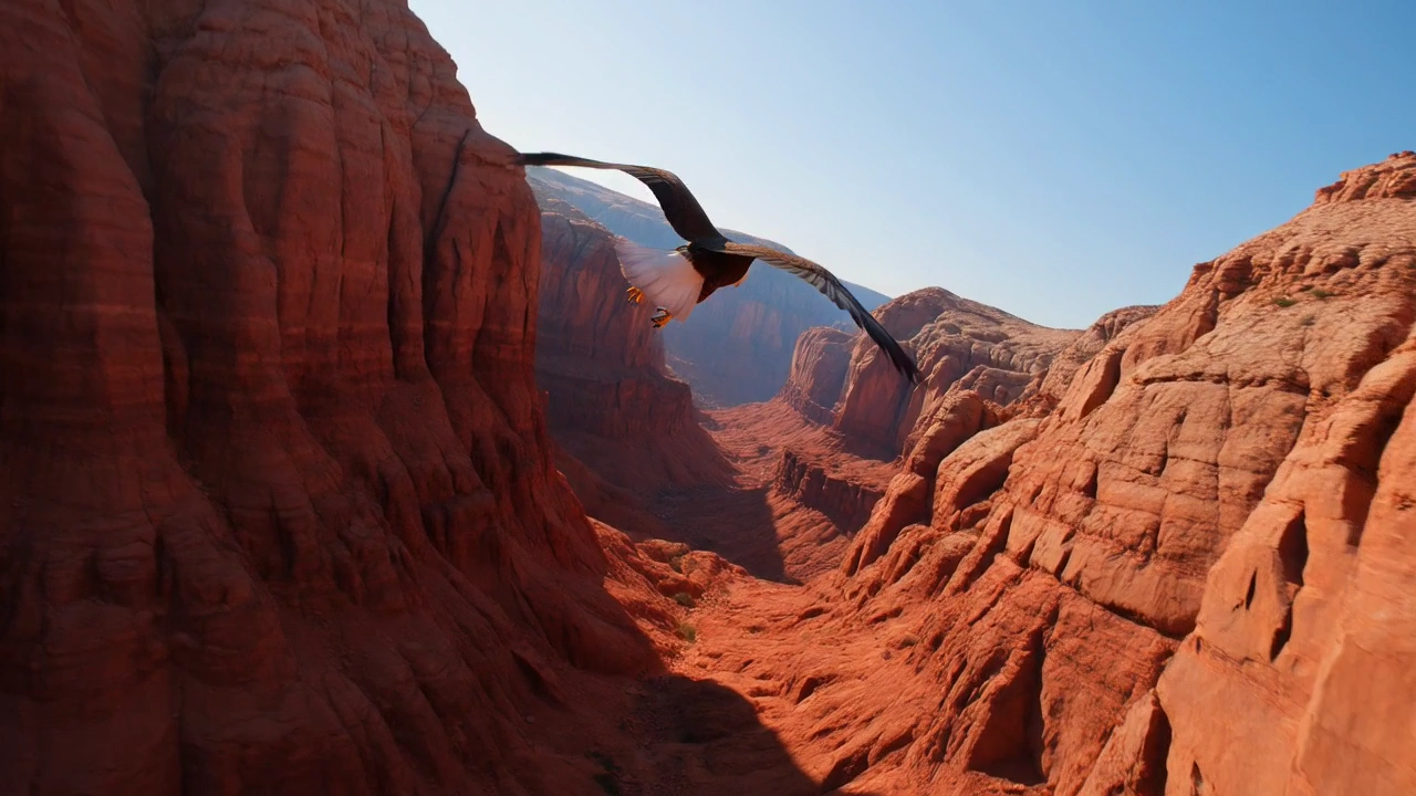 Drone Chases a Soaring Eagle Through Sunlit Canyon Passages