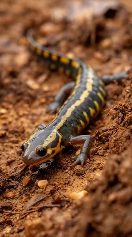 Striped Amphibian Creeps Forward on Rocky Ground in Sharp Focus